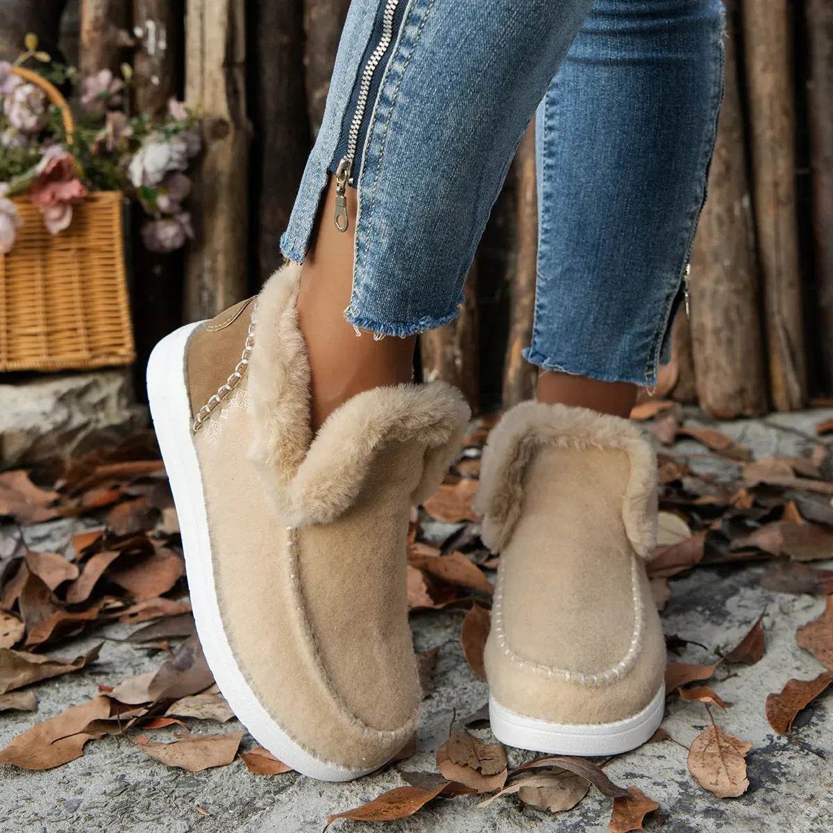 Plus Size Fleece-lined Thicker Raw Edge Warm Flat Bottom Plush Winter boot Shoes for women - Velora
