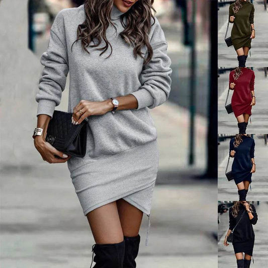 Long Sleeve Dress Solid Color High Neck Cross Short Cashmere Dress for Women - Velora