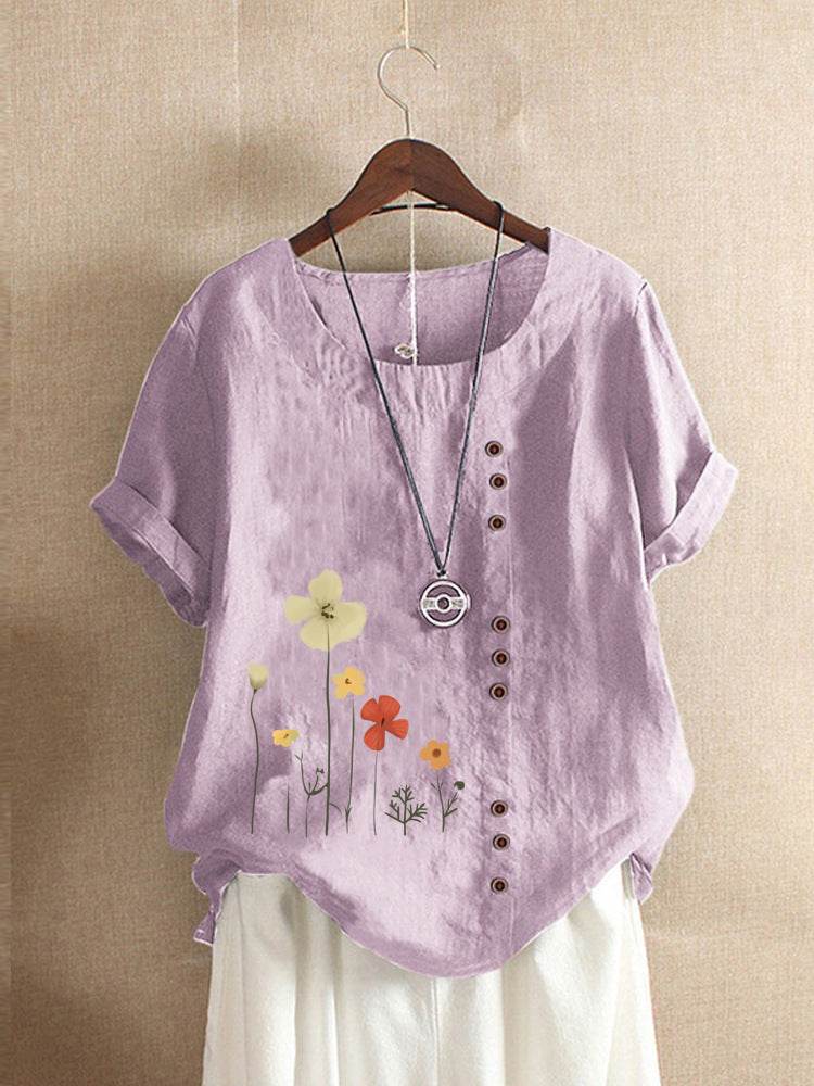 Casual Summer Beach Cotton And Linen Printed Elegant Short Sleeve blouse Top Women - Velora