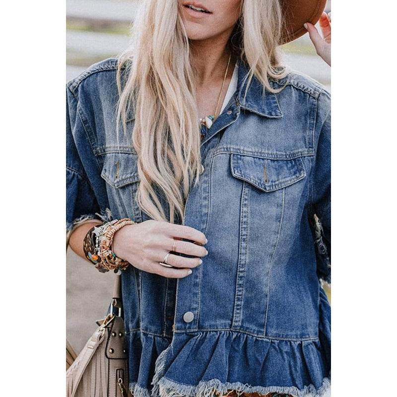 Loose Denim Jacket with Ruffled Sleeves Casual Cotton Style - Velora