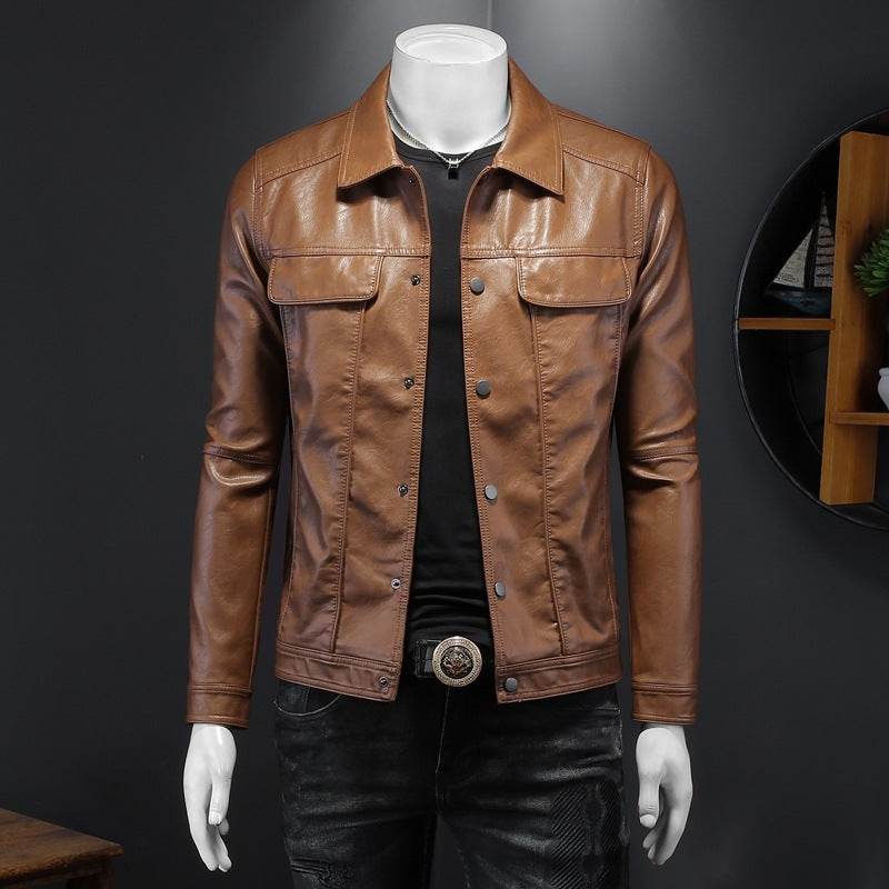 Men's Long-sleeved Lapel Motorcycle Pu Handsome Leather Coat - Velora
