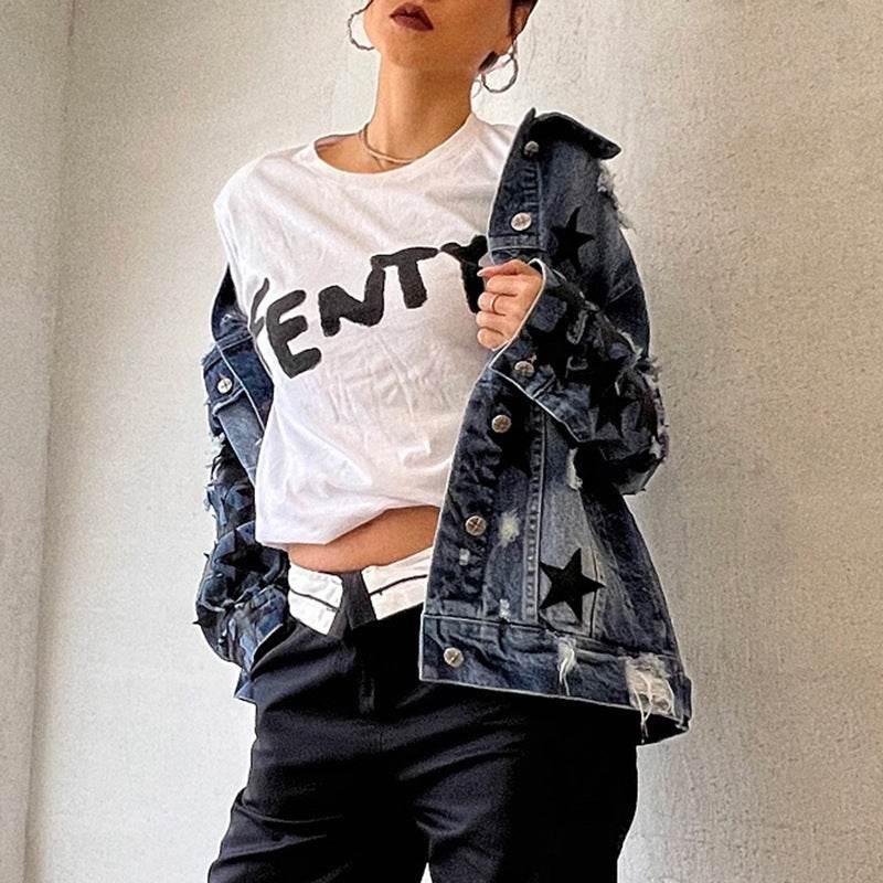 Lapel Star Patch Shredded Single Breasted Denim Jacket For Women - Velora