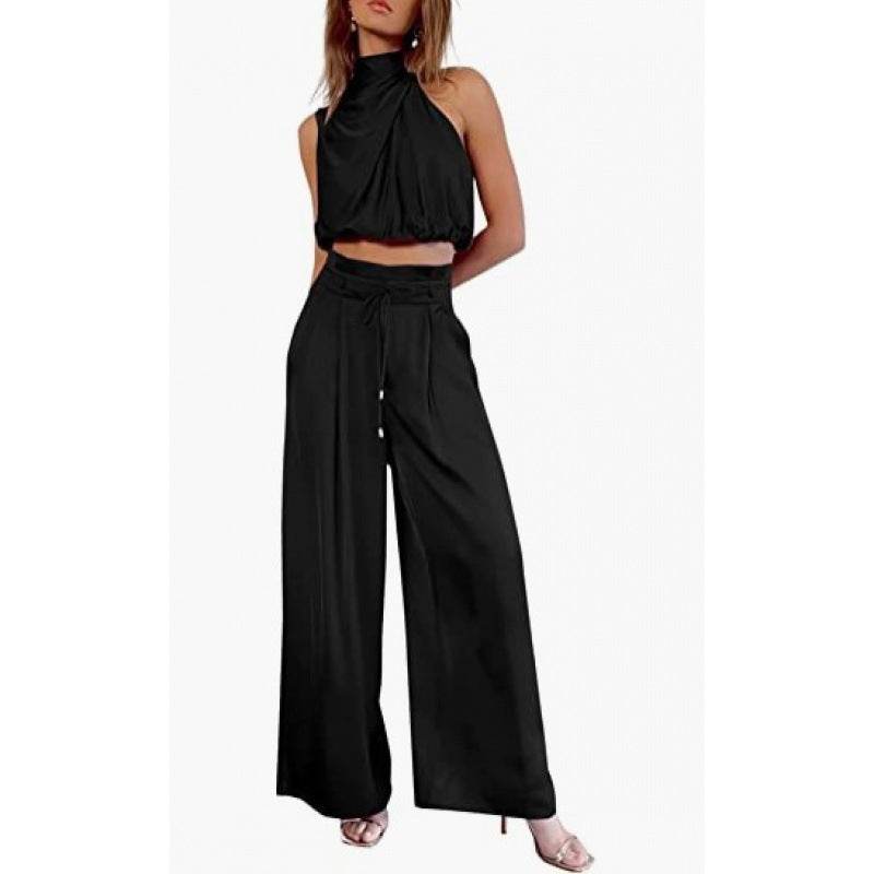 Summer Suits Casual Sleeveless Midriff-baring Top And Wide Leg Pants 2pcs Set Womens Clothing - Velora