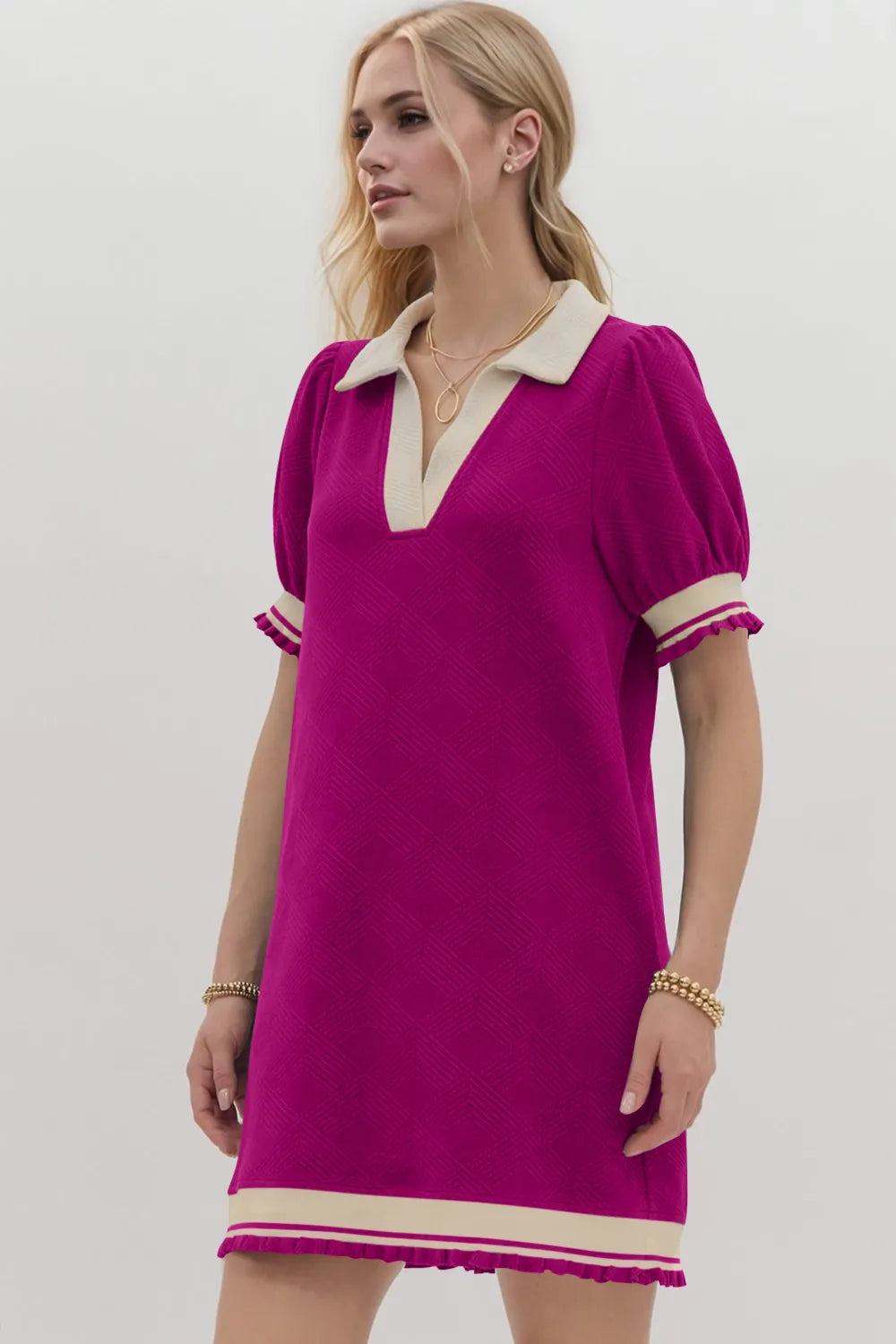 Oh Frill Contrast Trim Johnny Collar Short Sleeve Mini Dress - Velora