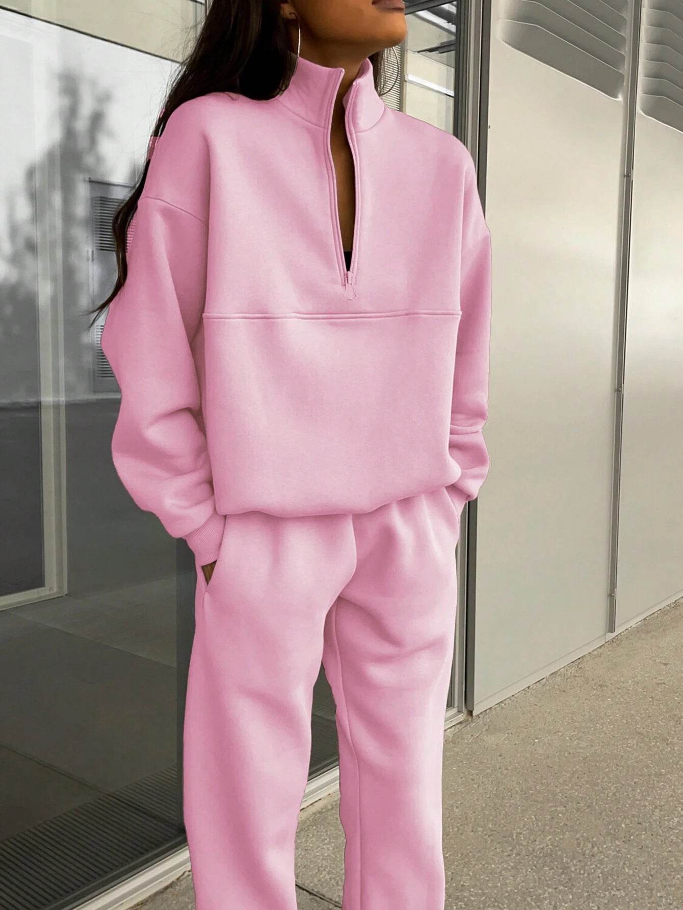Long-sleeved Sports Sweatshirt Suit Fashion Stand-up Collar Zip-up Top And Elastic Band Trousers With Pocket Srping Fall Clothing For Women - Velora