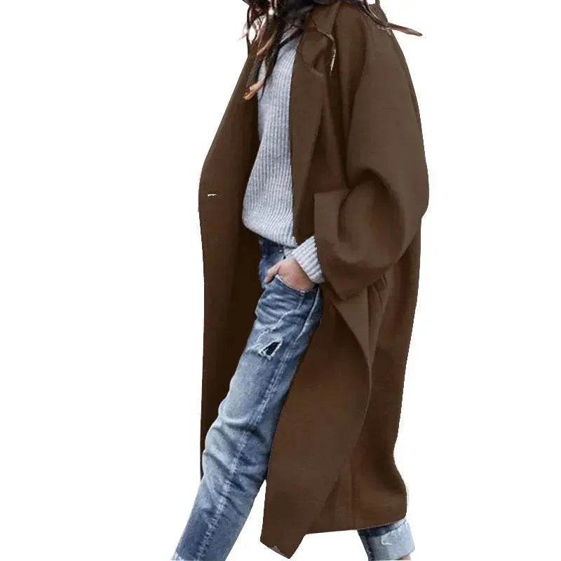 Lapel Single Breasted Women Winter Solid Woolen Trench Coat Long Jacket - Velora