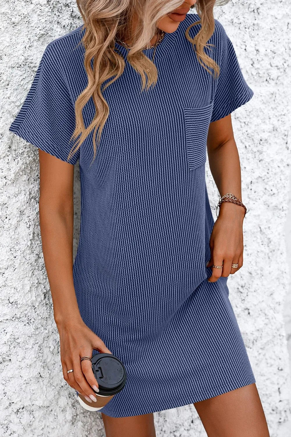 Mandy Ribbed Striped Short Sleeve Mini Tee Dress - Velora