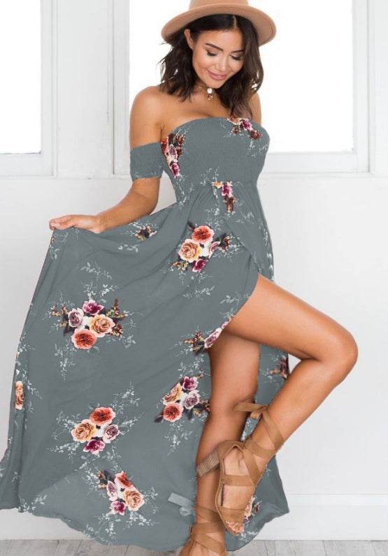 Elegant Ladies Summer Boho Vacation Resort Slit Maxi dress off shoulder Long floral Beach summer slit dress - Velora