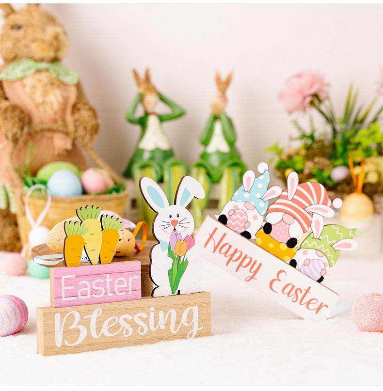 Easter Supplies Easter Rabbit Holding Flower Wooden Decoration - Velora
