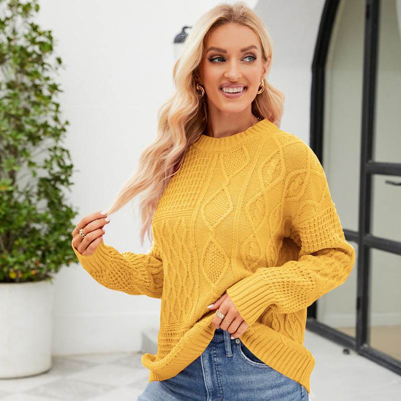Casual Round-neck Pullover Sweater Fall Winter Solid Color Cable-knot Pattern Tops Women Clothing - Velora