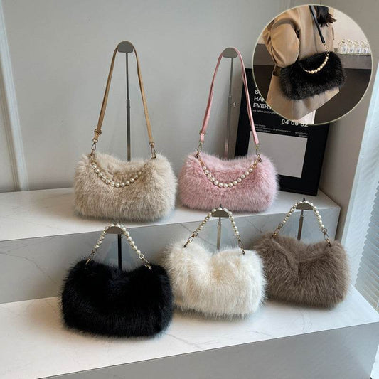 Autumn And Winter Fashion Shoulder Bags Pearl Chain Crossbody Bag Versatile Commuting Armpit Plush Female Bag - Velora