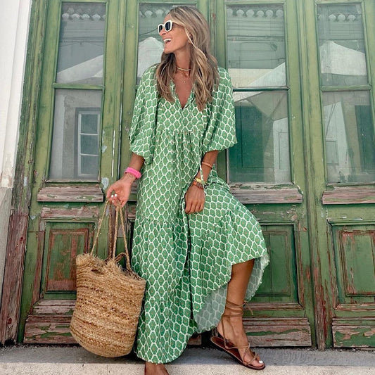 Summer Women's Vintage Printed Bohemian Dress Elegant Ladies Casual Loose V-Neck Short Sleeve Long Dresses Velora