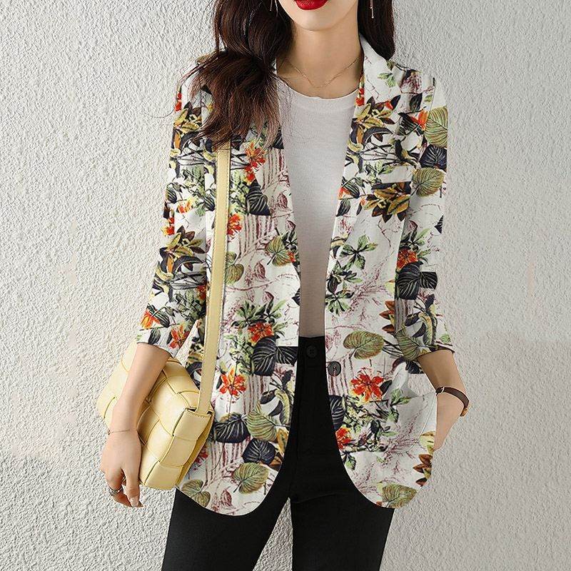 Women's Button Printed Long-sleeved Pocket Vintage Cotton And Linen jacket Blazer - Velora