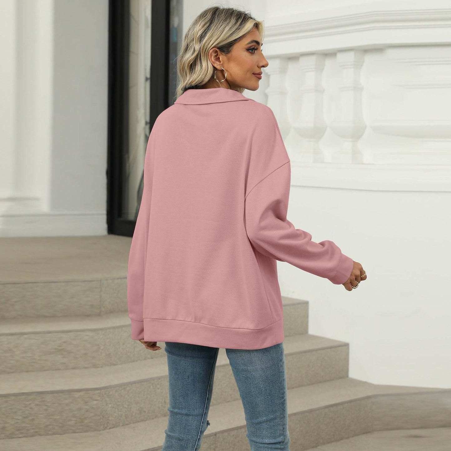 New Lapel V-neck Sweatshirt Fashion Casual Loose Solid Color Long-sleeved Pullover Top For Womens Clothing - Velora
