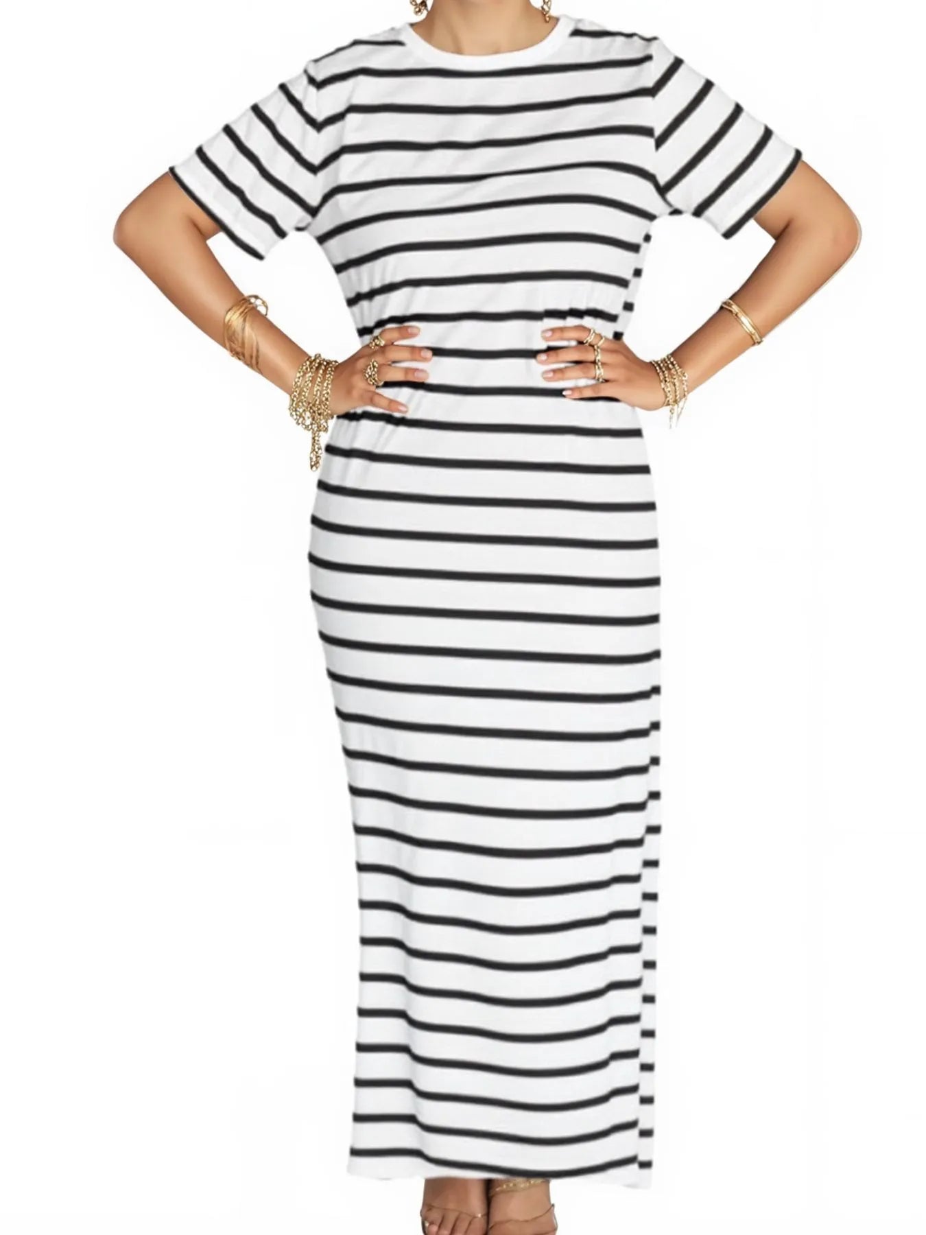 Full Size Striped T-Shirt Maxi Dress with Side Slit Plus Size - Velora