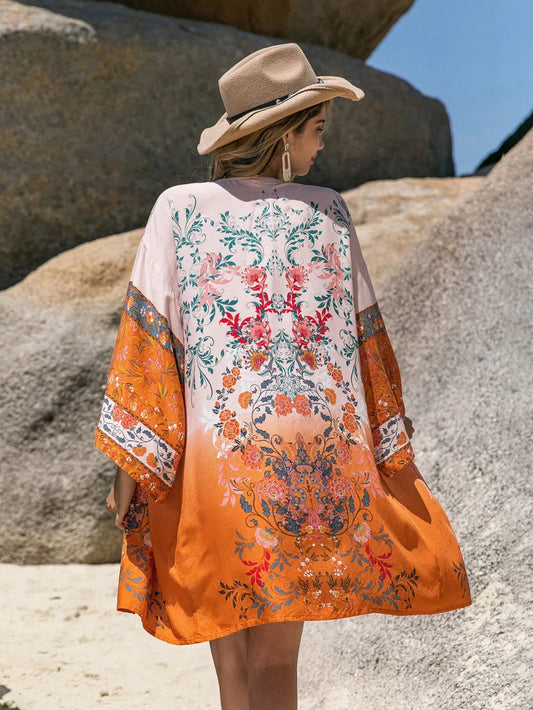 Printed Open Front Long Sleeve Cover-Up - Velora