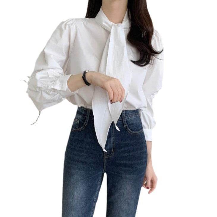 Spring New Gentle Lace-up Bow Tie Design Puff Sleeve Solid Color Shirt For Women - Velora