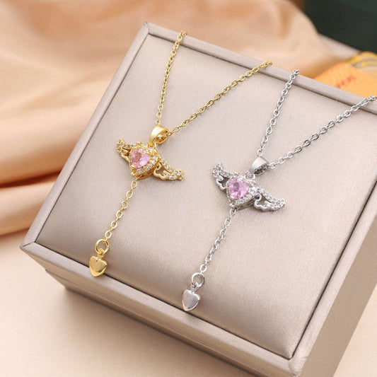 Moving Cupid Heart Angel Wings Tassel Necklace With Crystal Clavicle Chain Women Jewelry Gift Valentine's Day - Velora