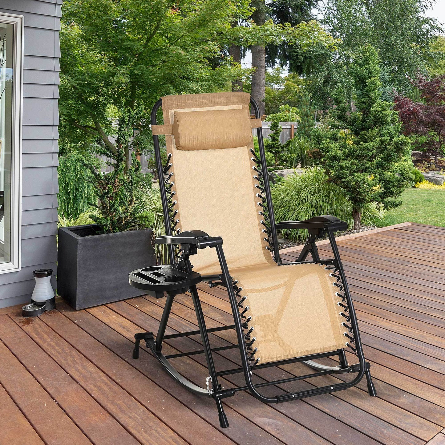 Ergonomic Recline Beige Zero Gravity Rocker With Headrest, Tray Phone Holder - Velora