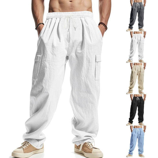 Men's Workwear Multi-pocket Straight Linen Pants Linen Four Seasons Thin Breathable Cargo Pants, Multi-pocket Loose Casual Trendy Wide-leg Pants - Velora