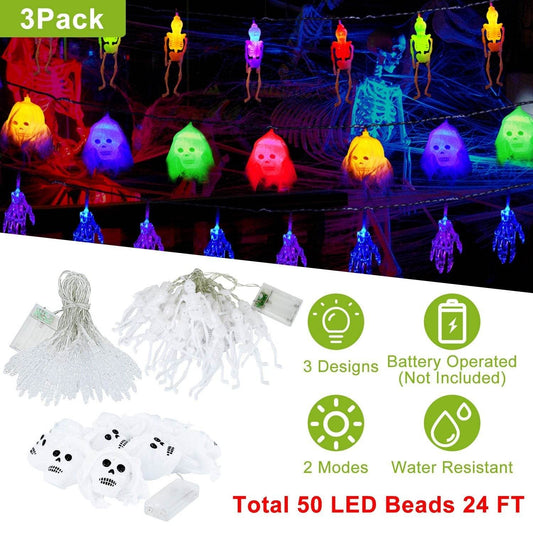Set Of 3Pcs Halloween Light Decorations Total 50 LEDs 24ft Halloween String Lights Colorful 3D Skeleton Ghost String Lights Gauze Skull String Lights Spooky Hands String Lights For Indoor Outdoor Part - Velora
