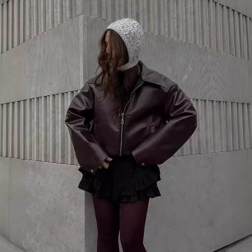Solid Color Lapel Zipper Jacket Fashion Casual Long Sleeve Leather Coat Tops Women Clothing - Velora