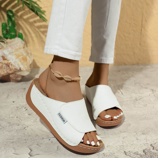 Summer Wedge Slides Slippers Fashion Fish Mouth Thick Bottom Roman Shoes Solid Color Beach Sandals For Women - Velora