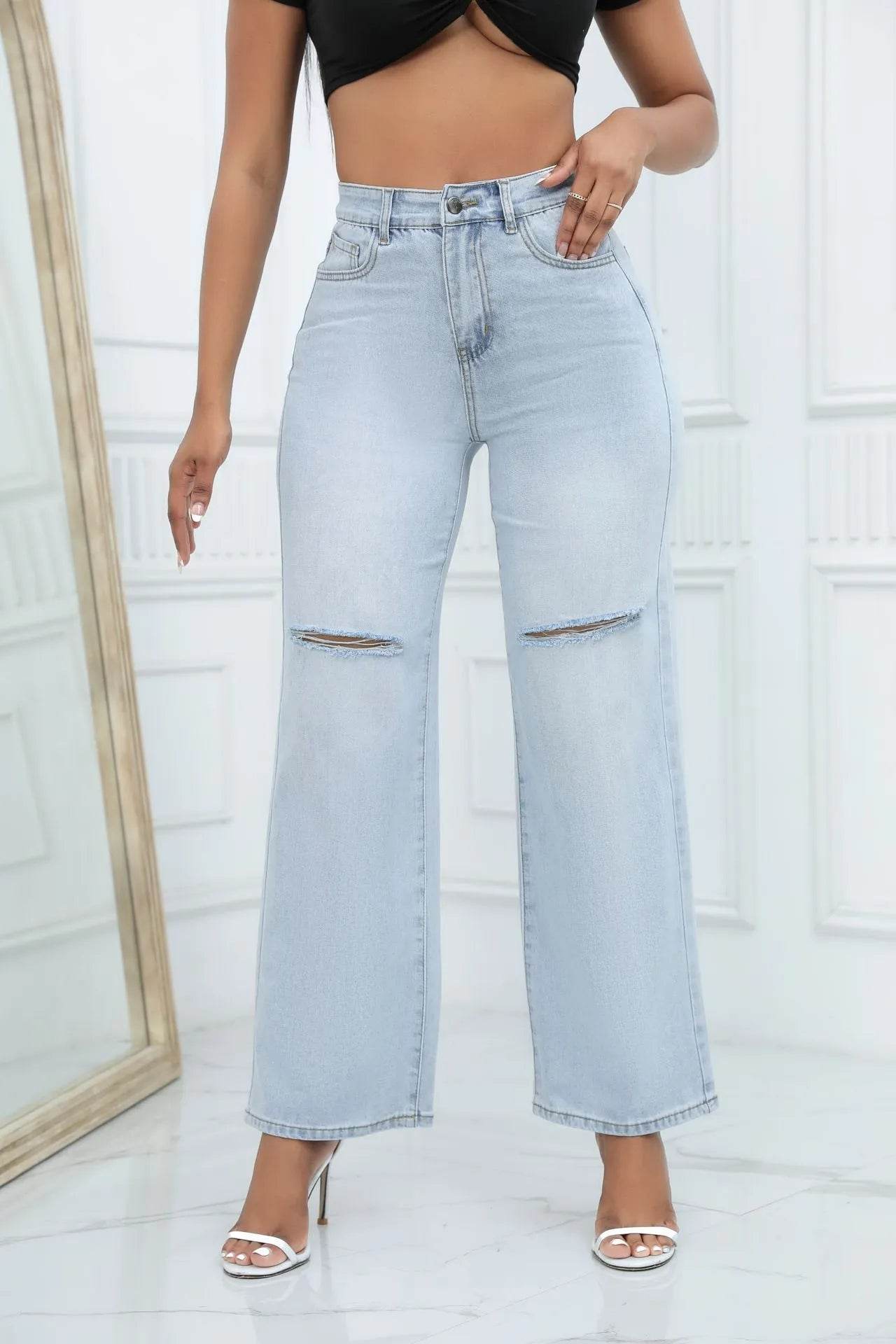 Elegant Ripped Wide-leg Baggy Jeans Pant Women - Velora