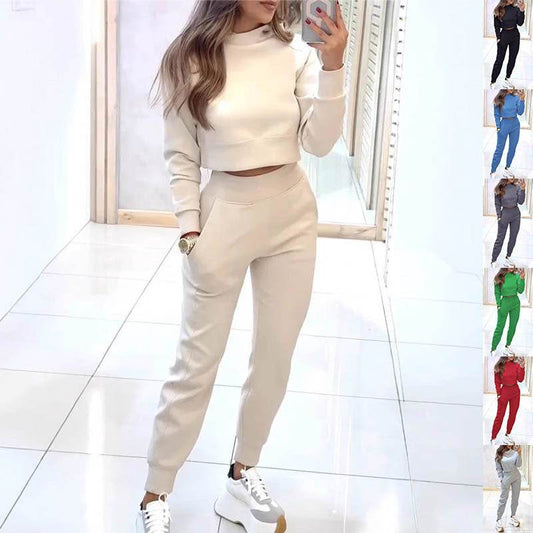 Stand Collar Sports Suit Fashion Pullover Long-sleeves Short Top And Slim Trousers With Pockets Solid Outfits Women's Clothing - Velora