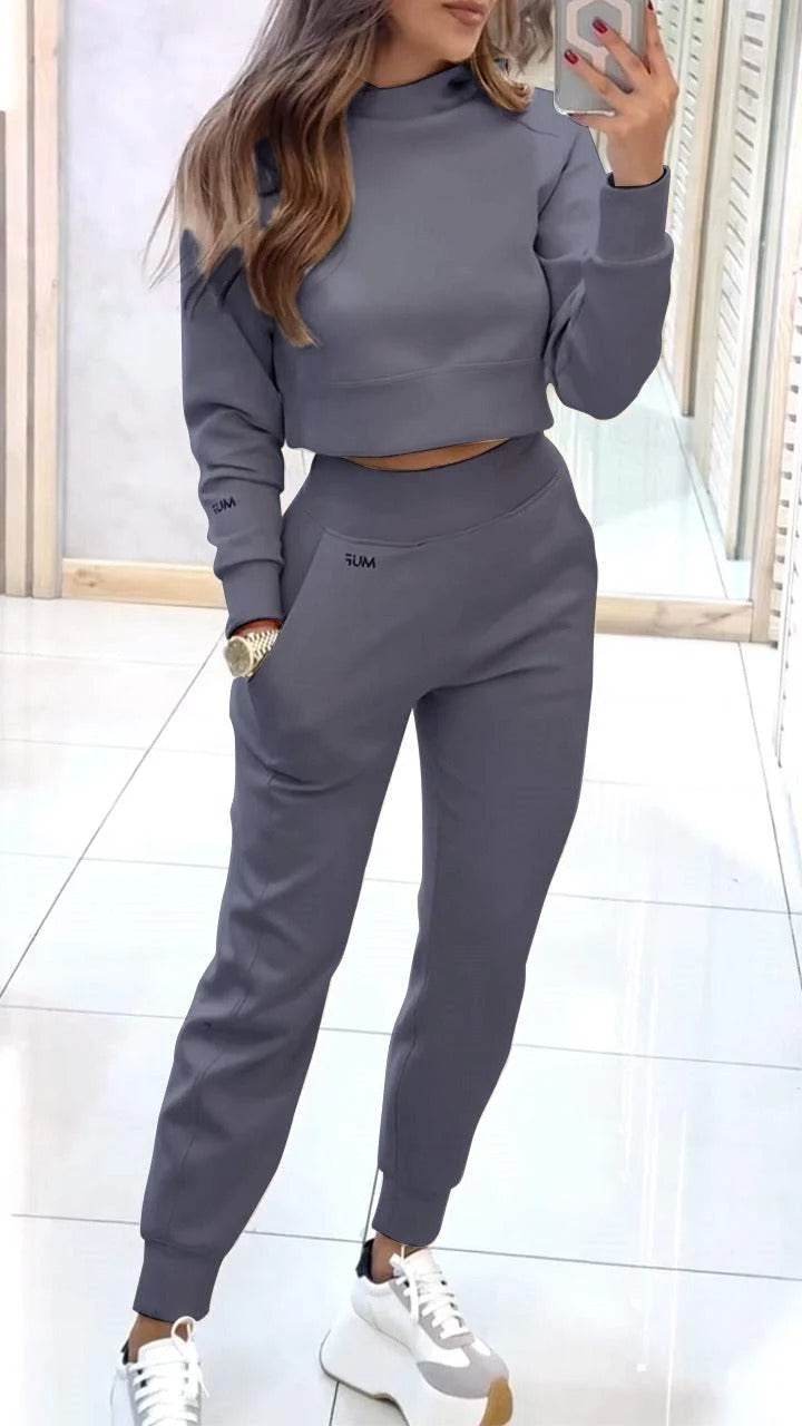 Stand Collar Sports Suit Fashion Pullover Long-sleeves Short Top And Slim Trousers With Pockets Solid Outfits Women's Clothing - Velora
