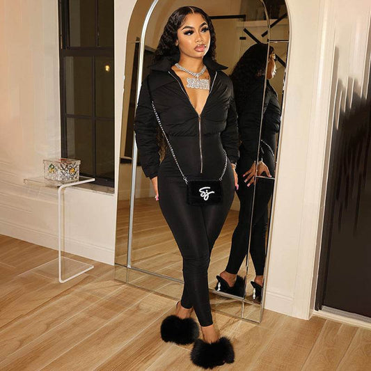 Fashion Stretch Pure Color Tight Zipper Thermal Cotton Suit One-piece Trousers - Velora