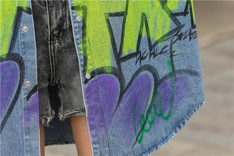 Oversized Graffiti Print Denim Jacket Women Loose Fried Street fashion - Velora