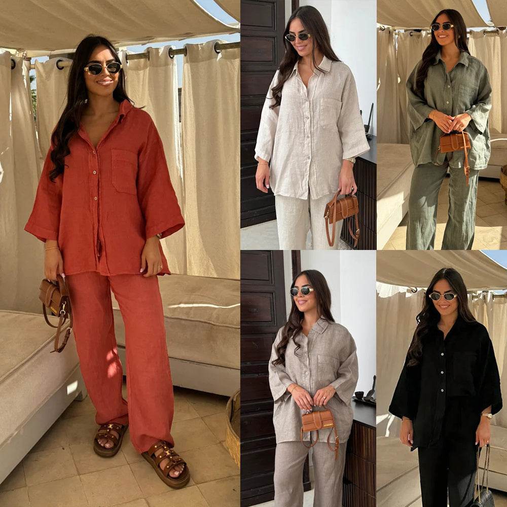 Casual Polyester Pocket Shirt Pants Suitable For Women's Wide Leg Pants, Long Sleeved Shirt Set, Women's Loose High Street Two-piece Set - Velora