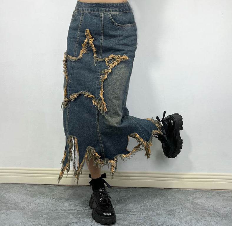 Women's American-style Retro High Waist Irregular Midi Denim Skirt - Velora