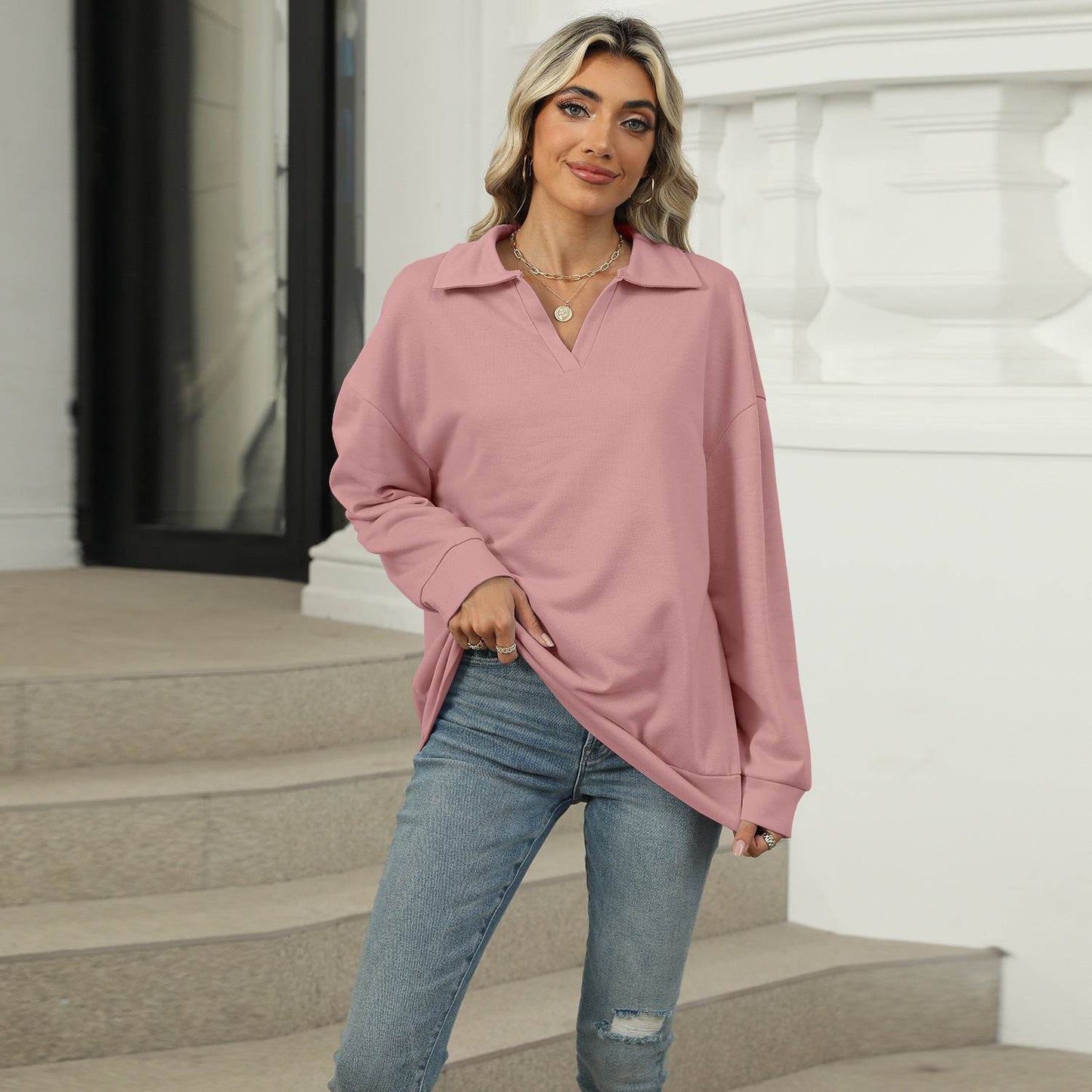 New Lapel V-neck Sweatshirt Fashion Casual Loose Solid Color Long-sleeved Pullover Top For Womens Clothing - Velora