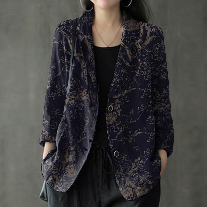 Women's floral Cotton Linen jacket Pocket Blazer - Velora