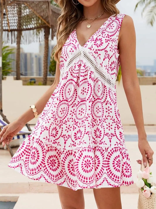 Printed V-Neck Sleeveless Mini Dress - Velora