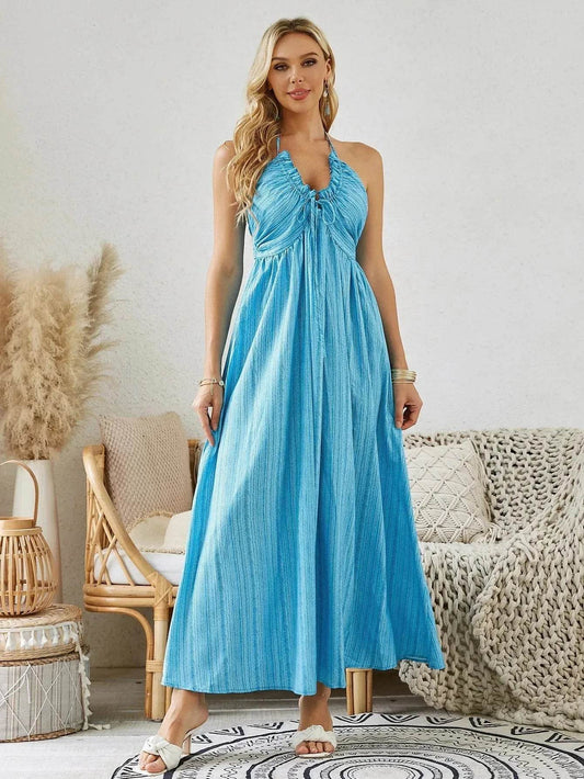 Bohemian Halter Maxi Dress - Women's Summer Sleeveless Flowy Beach Dress - Velora