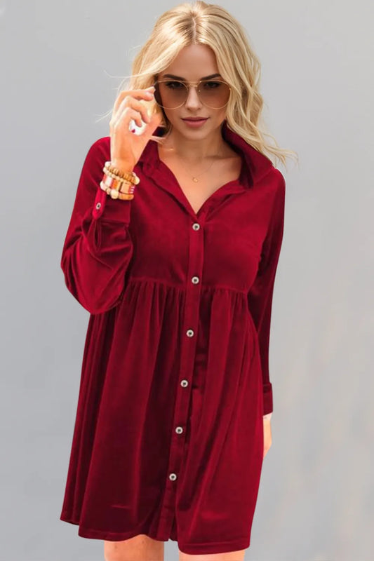 Oh Full Size Collared Neck Long Sleeve Mini Dress - Velora