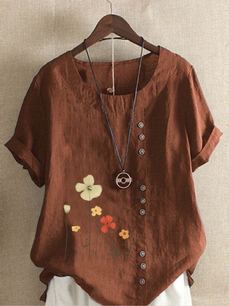 Casual Summer Beach Cotton And Linen Printed Elegant Short Sleeve blouse Top Women - Velora