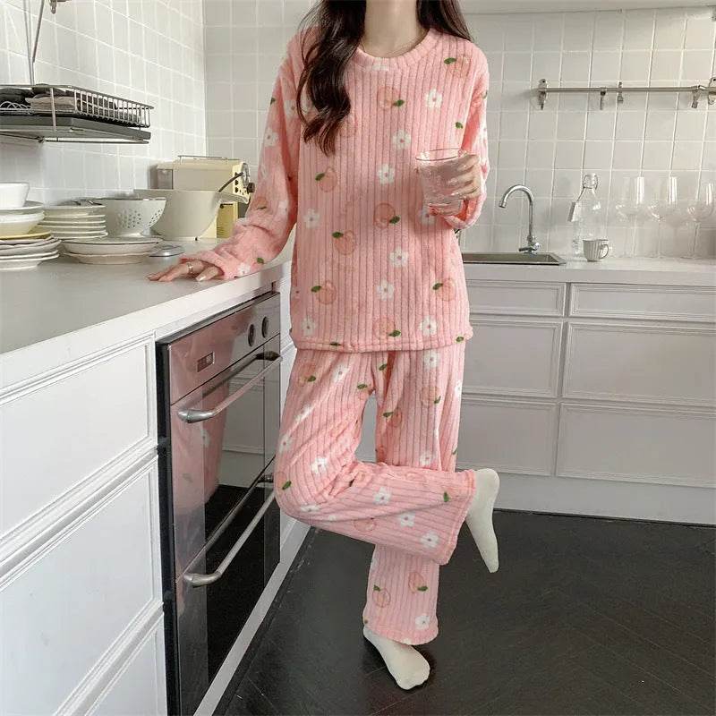 2pcs Women's Fall Winter Warm Pajamas Sets Coral Long Sleeve Cute Cartoon Bear Sleepwear Nightclothes - Velora
