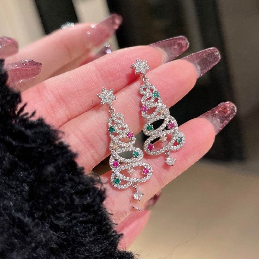 New Full Inlaid Colorful Zircon Christmas Tree Tassel Earrings Women's Fashion Personality Earrings Party Jewelry Christmas Gift - Velora