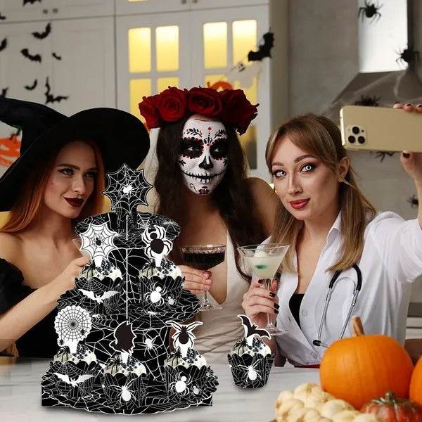 3 Tier Halloween Cupcake Stand Black Spider Web Cardboard Cupcake Stand Spider Bat Cupcake Toppers Halloween Cupcake Holder Tower For Halloween Birthday Party Supplies - Velora