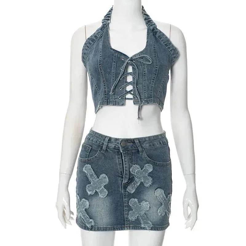 Chic Denim 2 piece Denim Skirt set Jean 2 piece set for Women Sleeveless crop top and Skirt - Velora