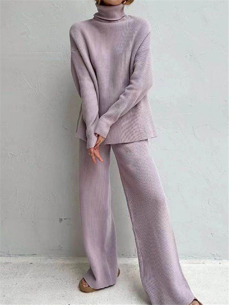 2 Pieces Women Sets Knitted Tracksuit Turtleneck Sweater - Velora