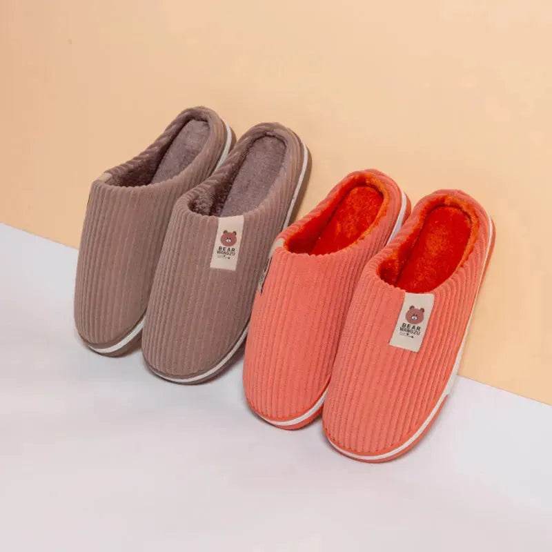 Solid Color Striped Slippers For Women Thick-soled Anti-slip Indoor Warm Plush Home Shoes Couple Women Men Slipper Winter - Velora