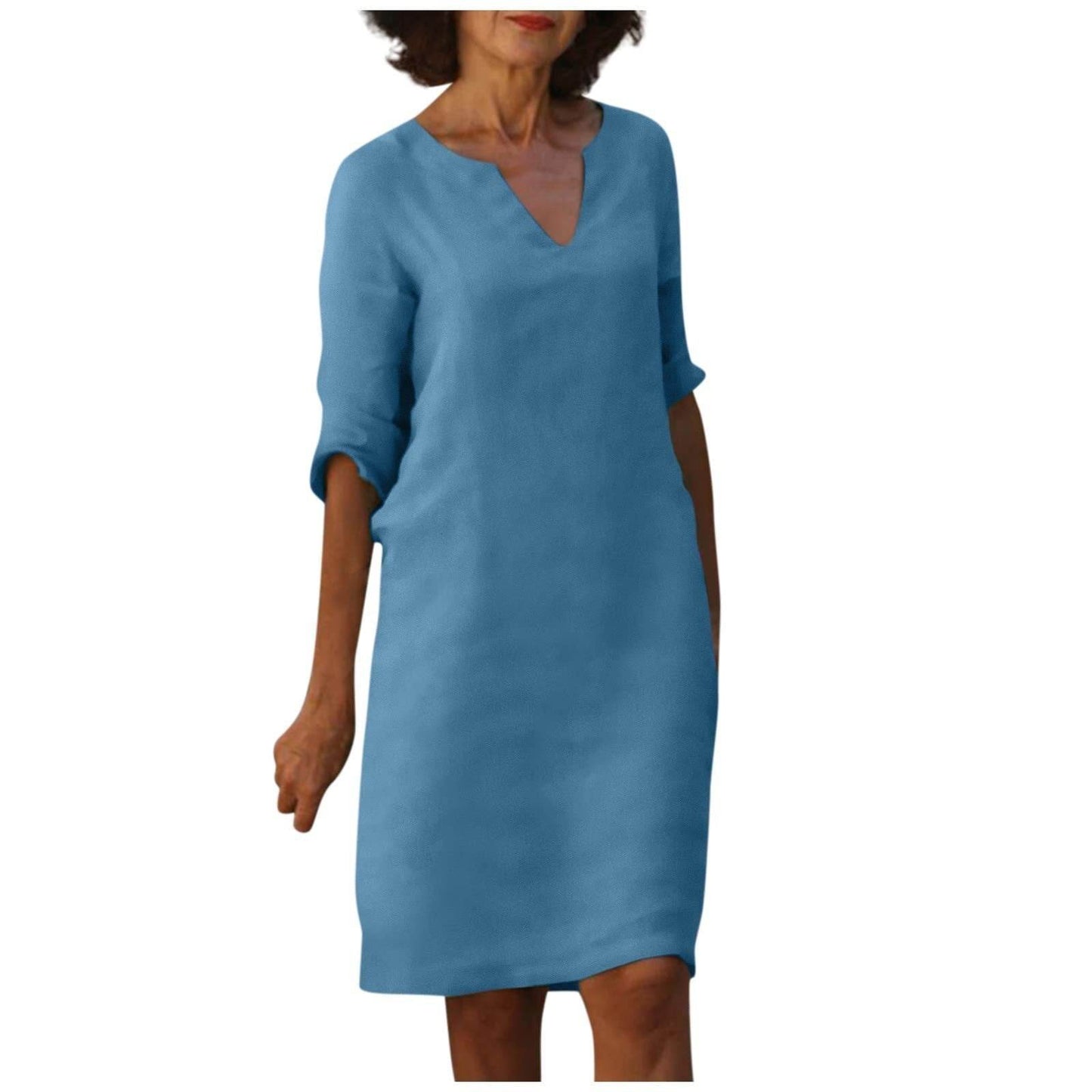 Cotton And Linen V-neck Dress Summer Stitching Retro High Waist Pure Color Dresses - Velora