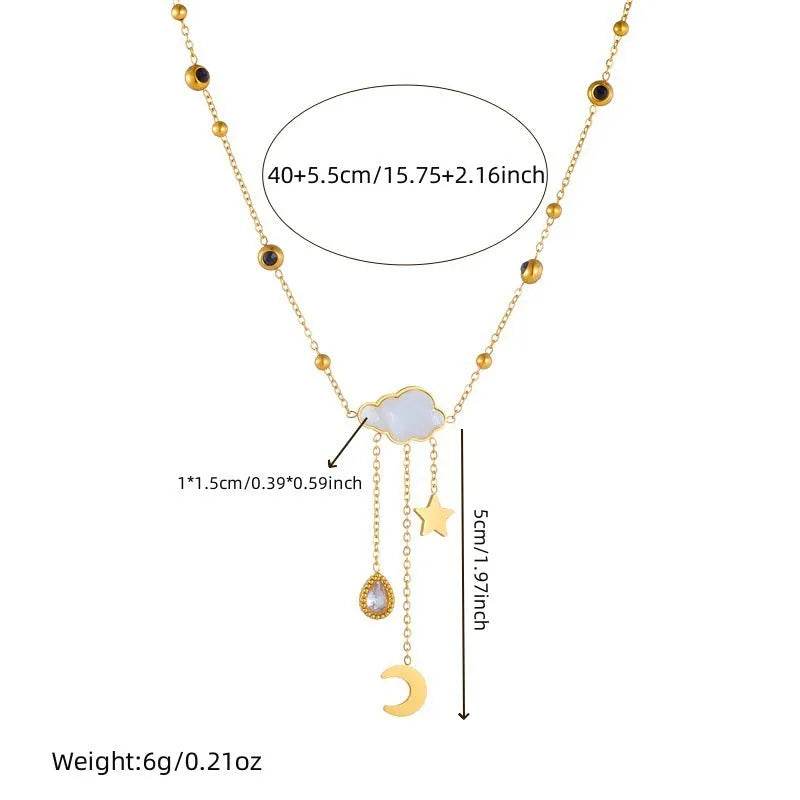 White Shell Cloud Star Moon Long Fringe Water Drop Fashion Necklace - Velora
