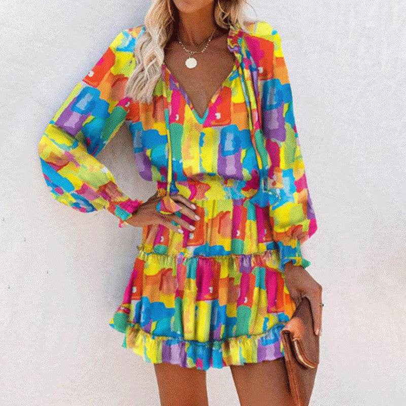 Flowers Print Long Sleeve Dress Fashion Patchwork Puff Sleeve Waist Dresses Womens Clothing - Velora
