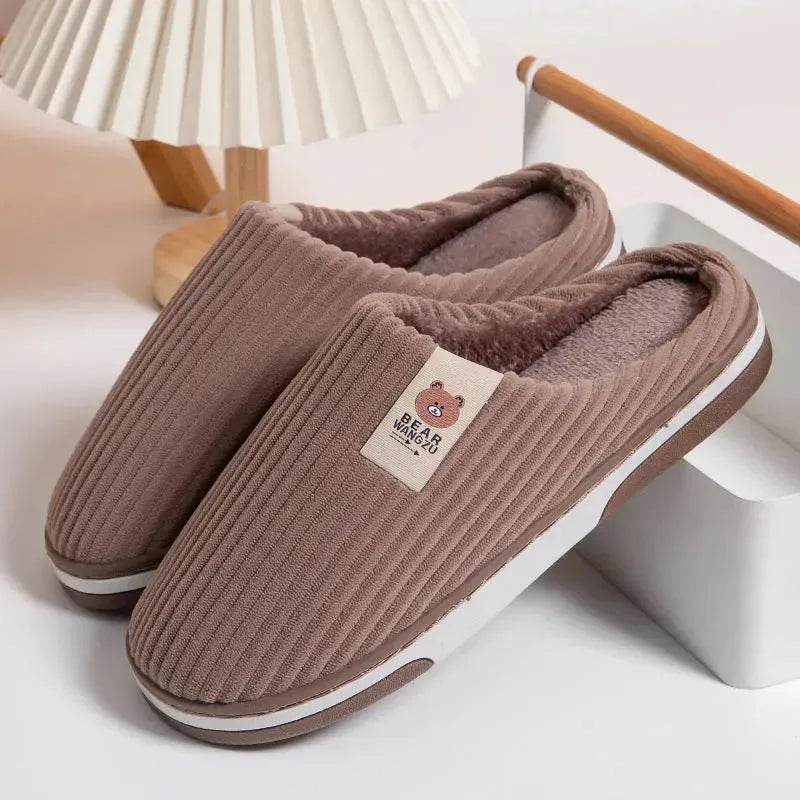 Solid Color Striped Slippers For Women Thick-soled Anti-slip Indoor Warm Plush Home Shoes Couple Women Men Slipper Winter - Velora